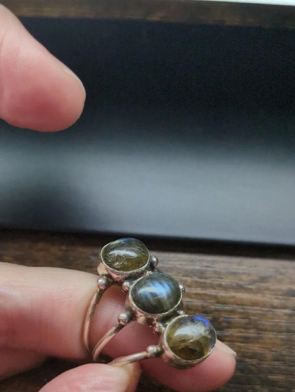 Triple Stone Labradorite Silver Ring - Green/Gray Accent